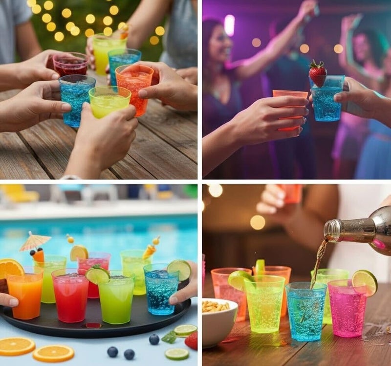 MATANA - 80 Mixed Neon Coloured Plastic Cups Mini Kids Glasses for Juice, Fizzy Drinks or Cocktail Shots at BBQ Garden Picnic Birthday Party - 8cm / 210ml - Image 5